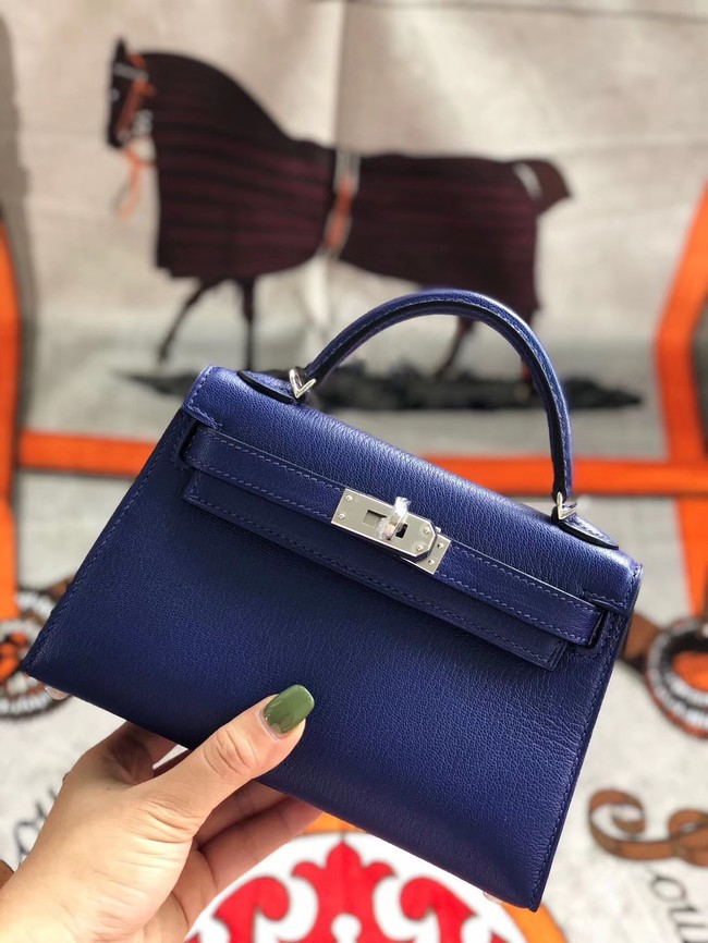 Knockoff Hermes original mini Kelly chevre mysore K19CM blue&silver Metal Tl598cS18
