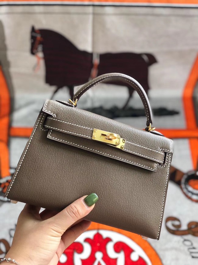 Knockoff Hermes original mini Kelly chevre mysore K19CM grey&Gold Metal Tl600Bt18