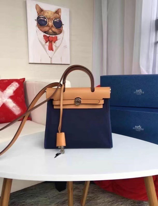 Luxury Hermes mini Herbag Original Canvas Leather & Calfskin 45987 Royal&brown Tl444Lv15