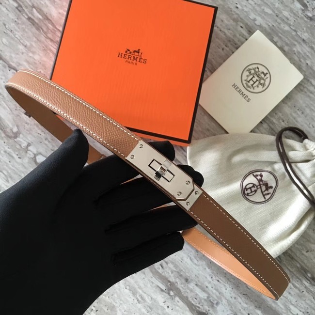 Luxury Hermes original epsom leather Kelly belt H069854 brown silver plated metal Tl3509kp43
