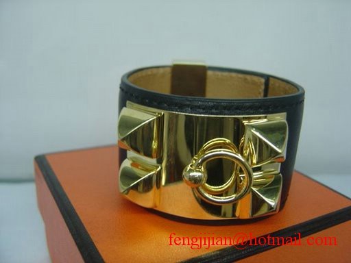 Replica Best Quality 2010 Hermes Medor Bracelet Black Leather Gold Bangle 1171 Tl2876Rf83