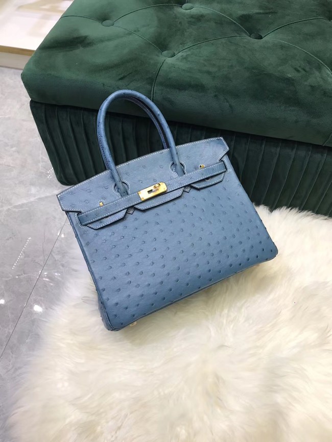 Replica Hermes Birkin Bag Original Leather Ostrich skin HBK2530 Blue Tl477it96