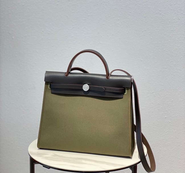 Replica Hermes Herbag 31CM Original Canvas Leather & Calfskin 48887 green&brown Tl117AP18