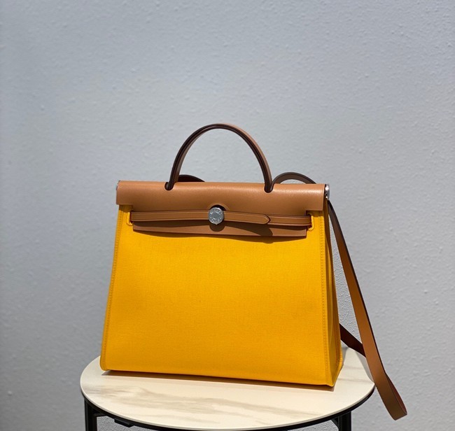 Replica Hermes Herbag 31CM Original Canvas Leather & Calfskin 48887 light yellow&brown Tl112it96