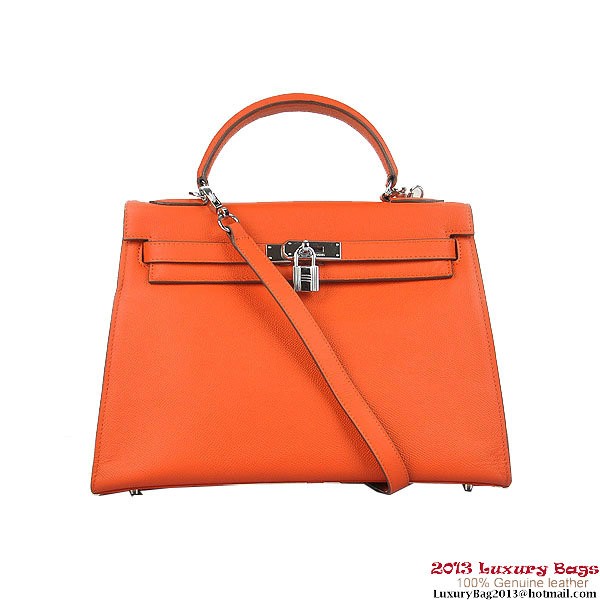 Replica Hermes Kelly 32cm Shoulder Bags H6108 Orange Leather Silver Tl1915iu55
