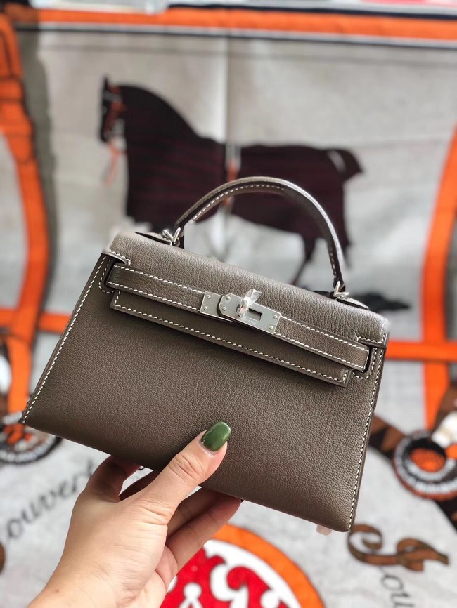 Replica Hermes original mini Kelly chevre mysore K19CM grey&silver Metal Tl601Sf59