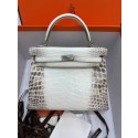 Best 1:1 Hermes Kelly 25CM Original South African Nile Crocodile Leather Bag KL25 White&Gray Tl100eT55