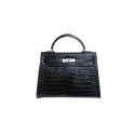 Replica Hermes Kelly 32cm Shoulder Bag Black Croco Patent Leather K32 Silver Tl1840rH96
