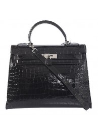 Fake Cheap Hermes Kelly 32cm Shoulder Bags Black Iridescent Croco Leather Silver Tl1600Kt89