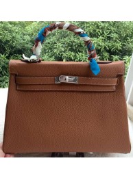 Imitation Hermes Kelly 32cm Shoulder Bag Brown Calfskin Leather K32CL Silver Tl1093AI36