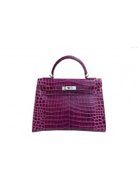 Imitation Hermes Kelly 32cm Shoulder Bag Purple Croco Patent Leather K32 Silver Tl1832Dl40