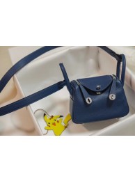 Imitation Hermes mini Lindy Togo Leather Bag LD19 blue&Silver-Tone Metal Tl545Za30