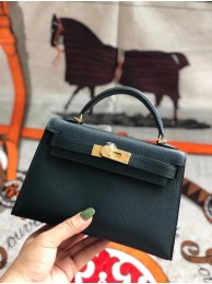 Knockoff Hermes original mini Kelly chevre mysore K19CM Blackish green&Gold Metal Tl593JF45