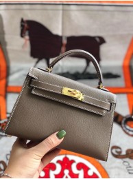 Knockoff Hermes original mini Kelly chevre mysore K19CM grey&Gold Metal Tl600Bt18