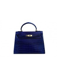 Knockoff High Quality Hermes Kelly 32cm Shoulder Bag Blue Croco Patent Leather K32 Silver Tl1831FA65