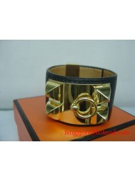 Replica Best Quality 2010 Hermes Medor Bracelet Black Leather Gold Bangle 1171 Tl2876Rf83