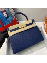 Replica Top Hermes Kelly Bag Original Leather Ostrich Skin H5600 Dark Blue Tl469Vx24